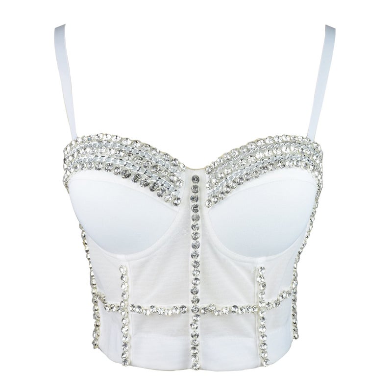 ELLACCI Women's Diamond Chain Mesh Bustier Crop Top Push Up Corset Top Bralet White Medium - Image 3